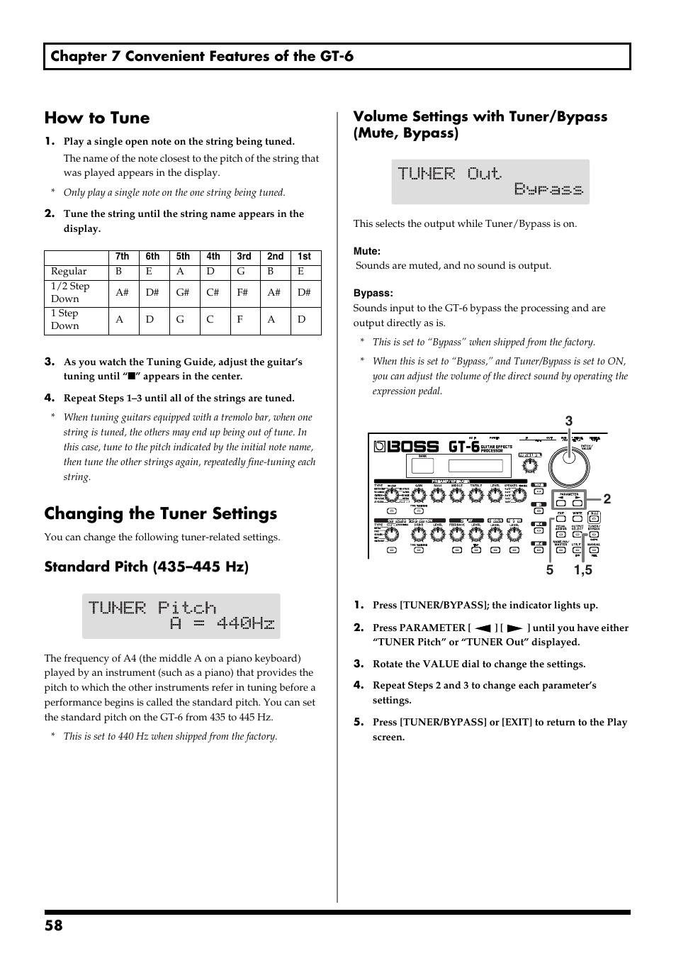 How to tune, Changing the tuner settings, How to tune changing the tuner settings | 58 chapter 7 convenient features of the gt-6, Volume settings with tuner/bypass (mute, bypass) | Boss Audio Systems GT-6 User Manual | Page 58 / 84