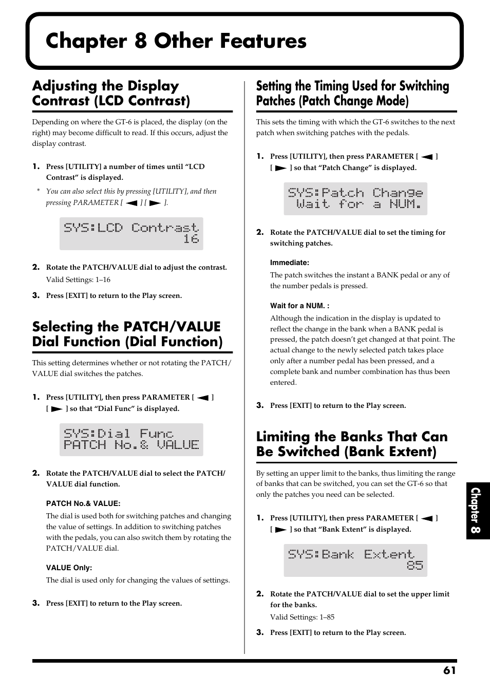 Chapter 8 other features, Adjusting the display contrast (lcd contrast), Chapter 8 | Boss Audio Systems GT-6 User Manual | Page 61 / 84