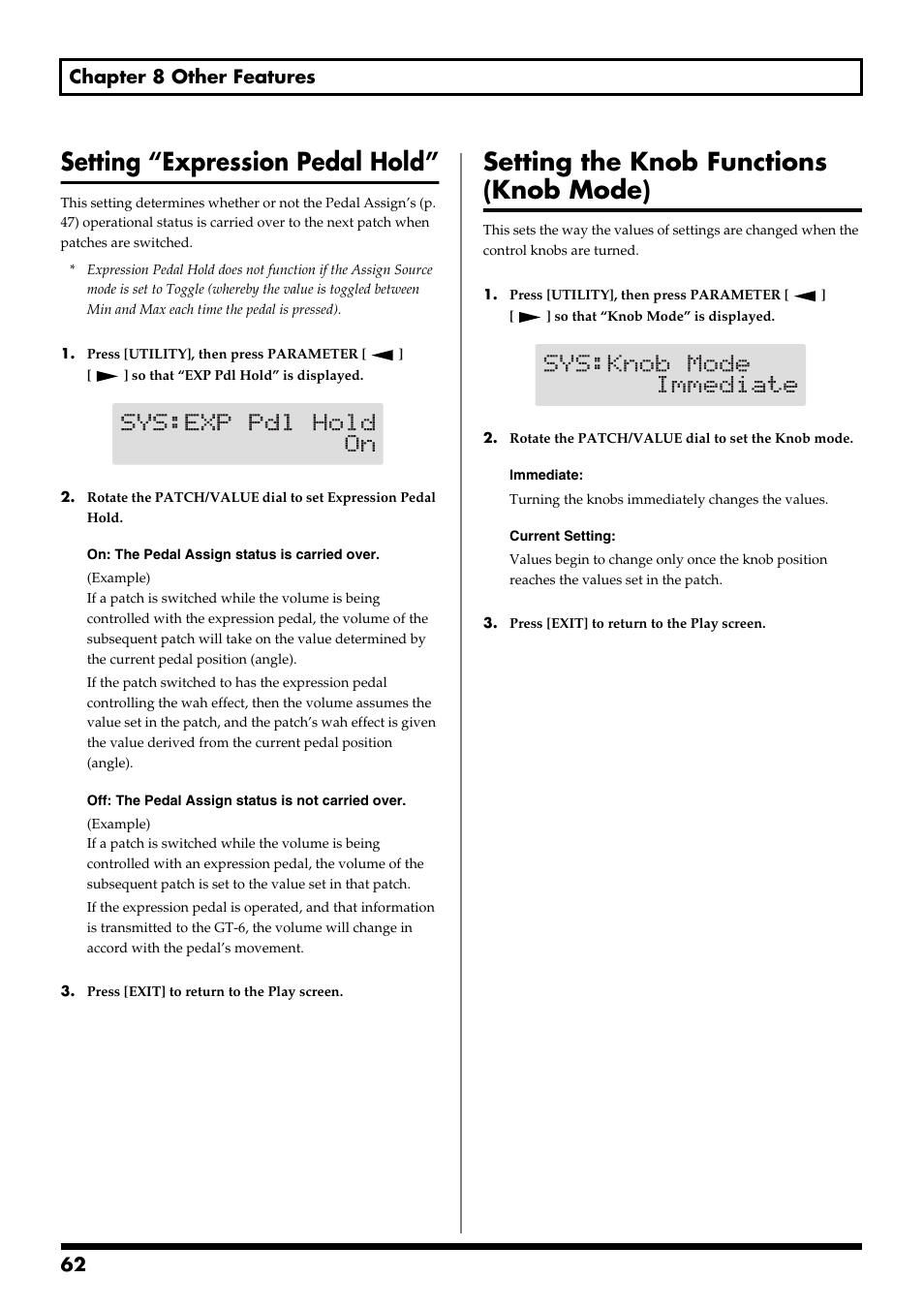 Setting “expression pedal hold, Setting the knob functions (knob mode), 62 chapter 8 other features | Boss Audio Systems GT-6 User Manual | Page 62 / 84