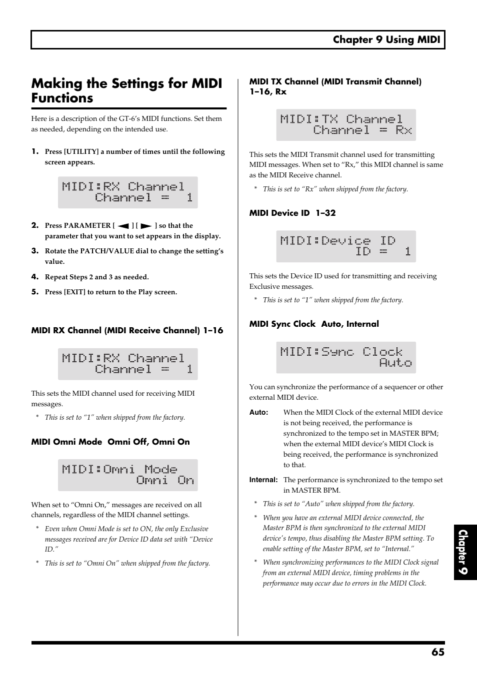 Making the settings for midi functions, Chapter 9, 65 chapter 9 using midi | Boss Audio Systems GT-6 User Manual | Page 65 / 84