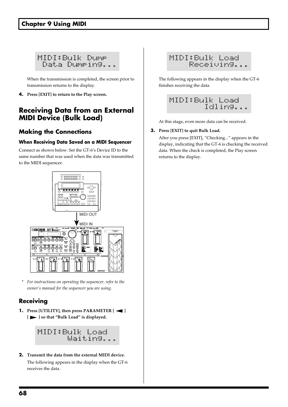 68 chapter 9 using midi, Making the connections, Receiving | Boss Audio Systems GT-6 User Manual | Page 68 / 84