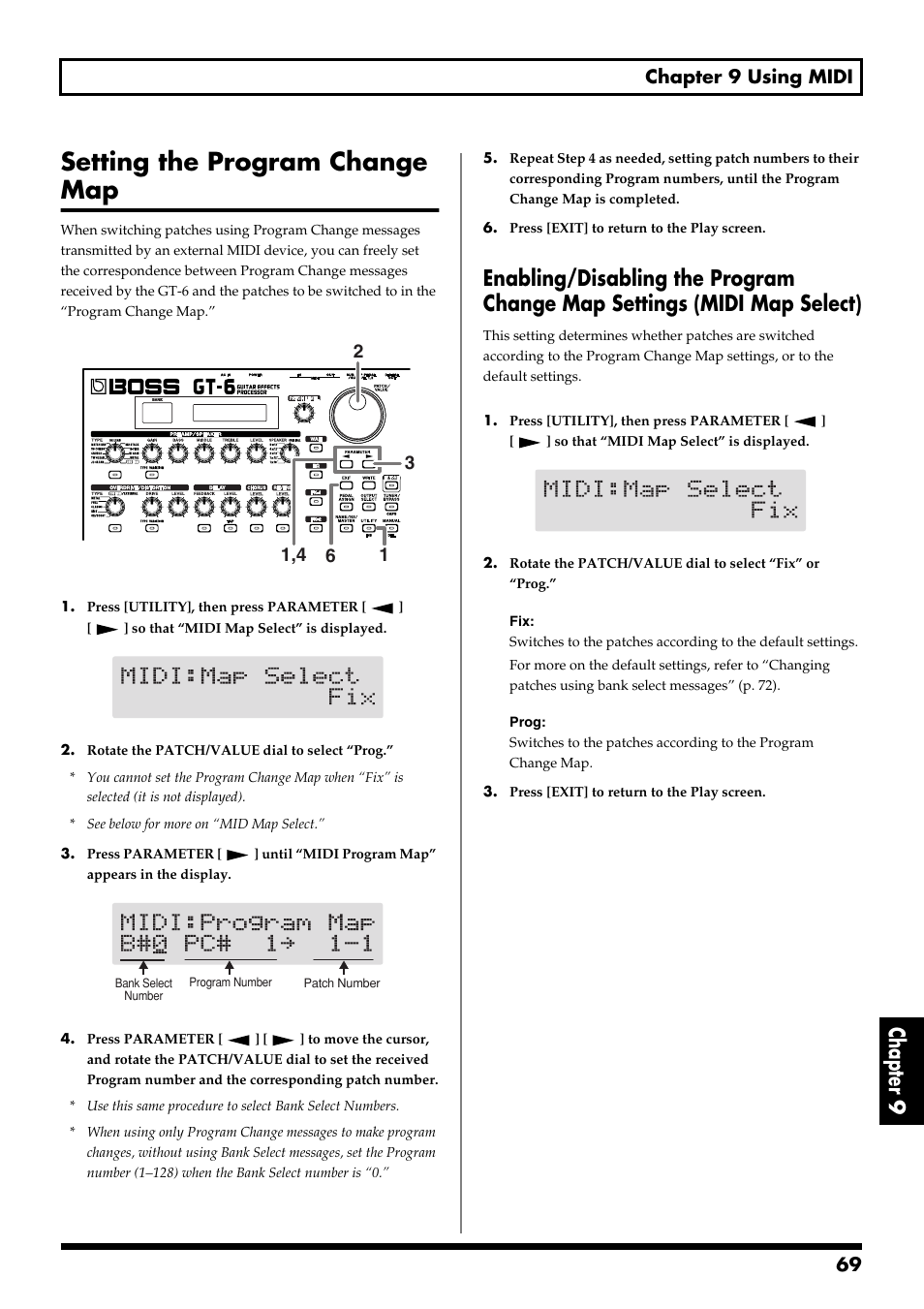 Setting the program change map, Chapter 9, 69 chapter 9 using midi | Boss Audio Systems GT-6 User Manual | Page 69 / 84