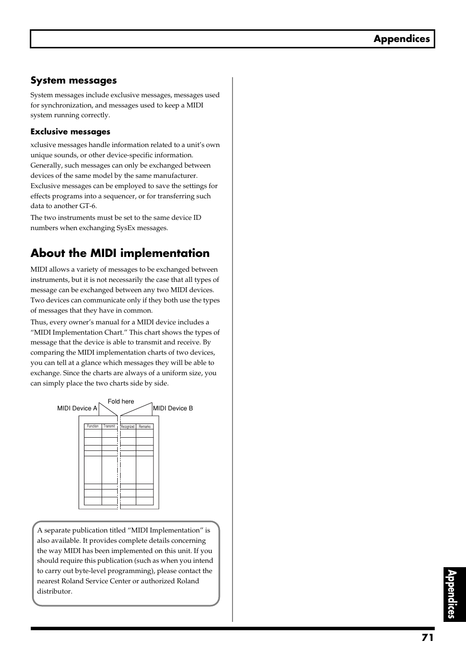 About the midi implementation, Appendices, 71 appendices | System messages | Boss Audio Systems GT-6 User Manual | Page 71 / 84