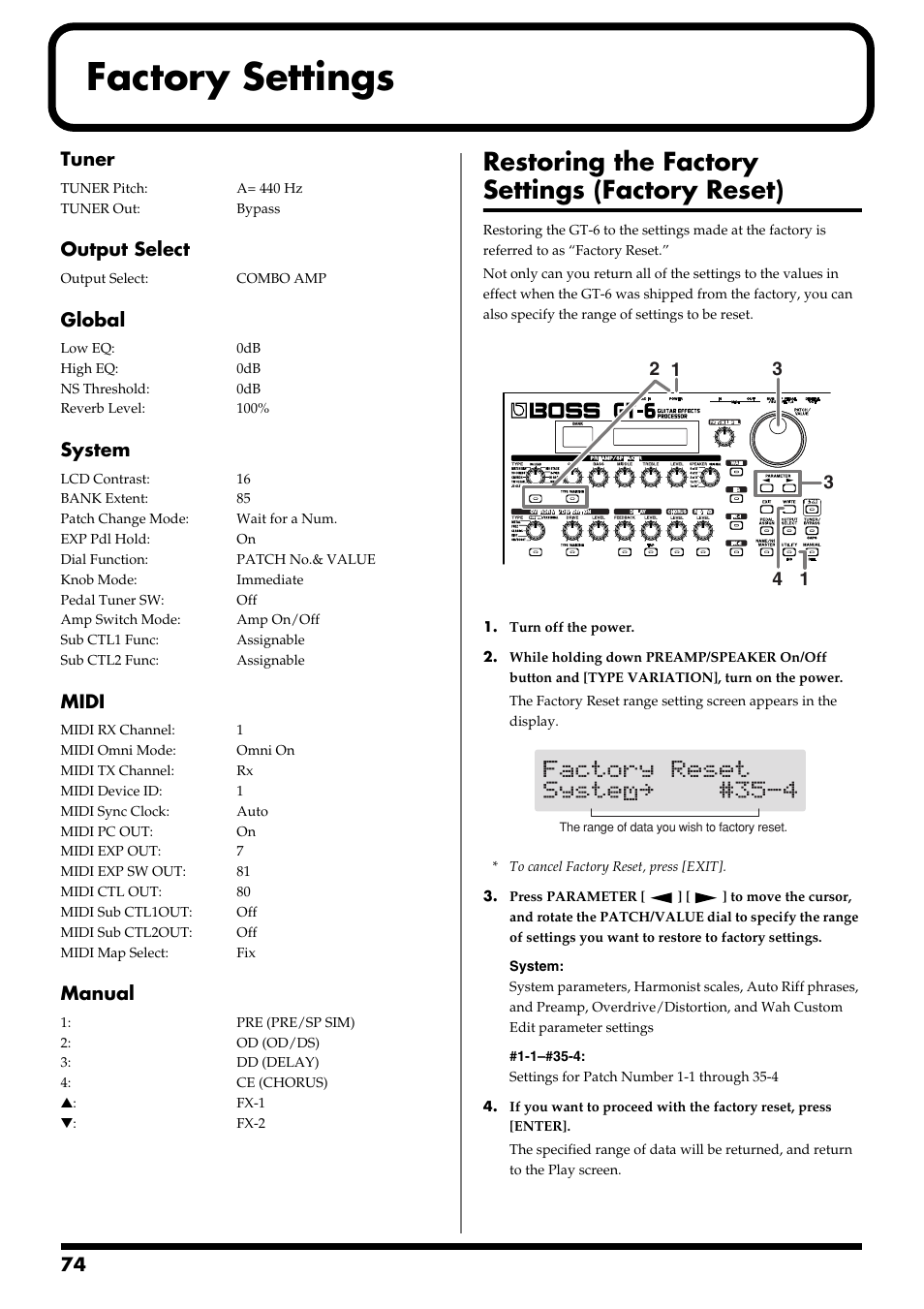 Factory settings, Restoring the factory settings (factory reset), Tuner | Output select, Global, System, Midi, Manual | Boss Audio Systems GT-6 User Manual | Page 74 / 84