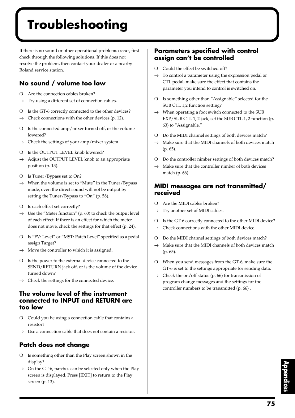 Troubleshooting, Appendices, No sound / volume too low | Patch does not change, Midi messages are not transmitted/ received | Boss Audio Systems GT-6 User Manual | Page 75 / 84