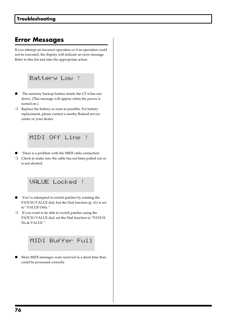 Error messages, 76 troubleshooting | Boss Audio Systems GT-6 User Manual | Page 76 / 84