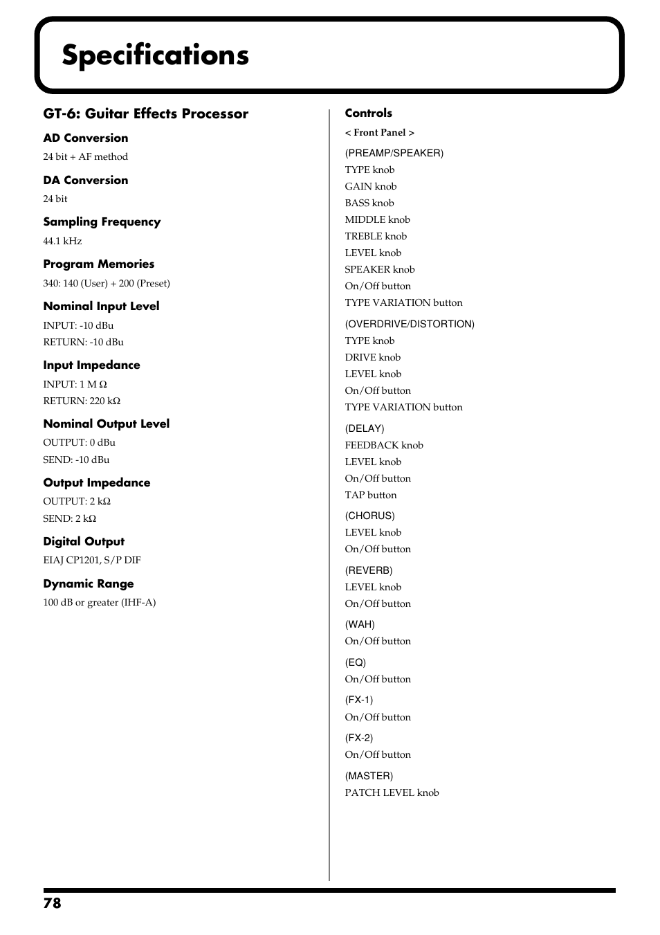 Specifications, Gt-6: guitar effects processor | Boss Audio Systems GT-6 User Manual | Page 78 / 84