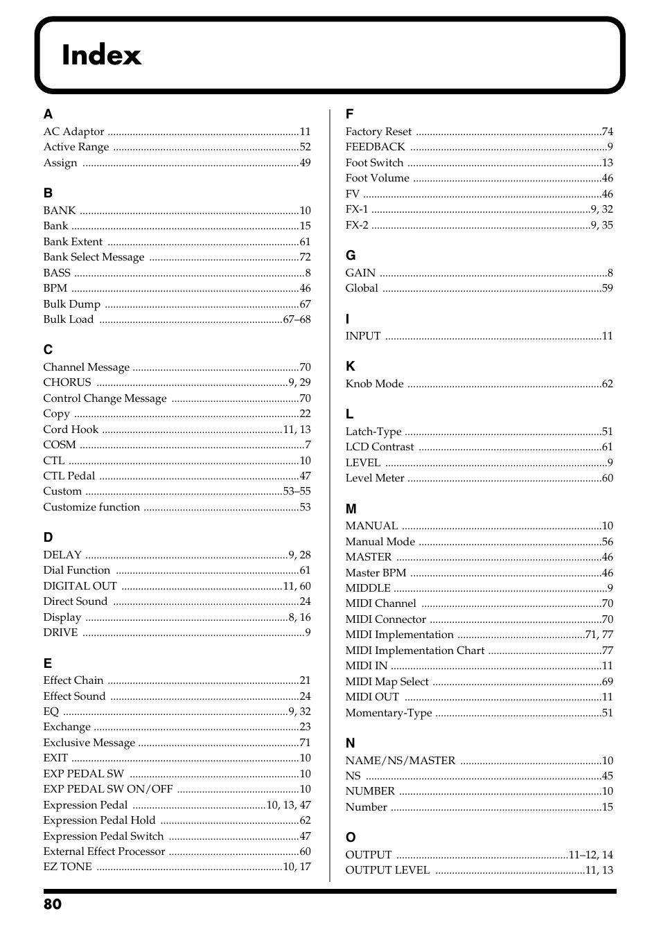 Index | Boss Audio Systems GT-6 User Manual | Page 80 / 84