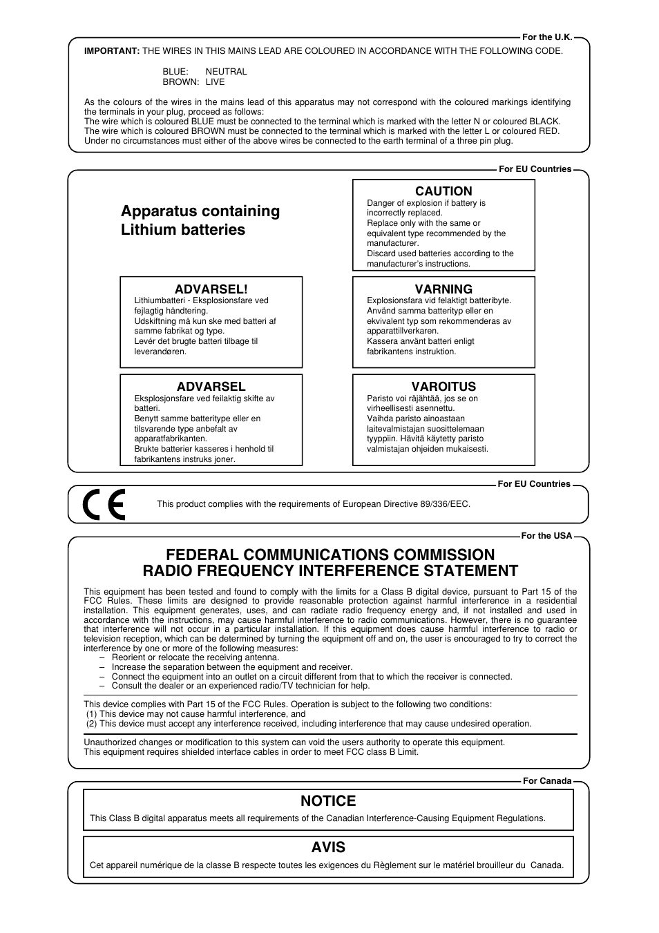 Apparatus containing lithium batteries, Notice avis, Advarsel | Varning, Caution, Varoitus | Boss Audio Systems GT-6 User Manual | Page 83 / 84