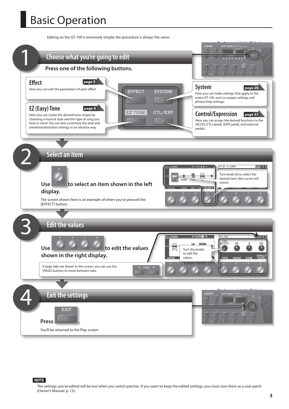 Basic operation, Choose what you’re going to edit, Select an item exit the settings edit the values | Boss Audio Systems Boss CDSM AMP EFFECTS PROCESSOR GT-100 User Manual | Page 3 / 38