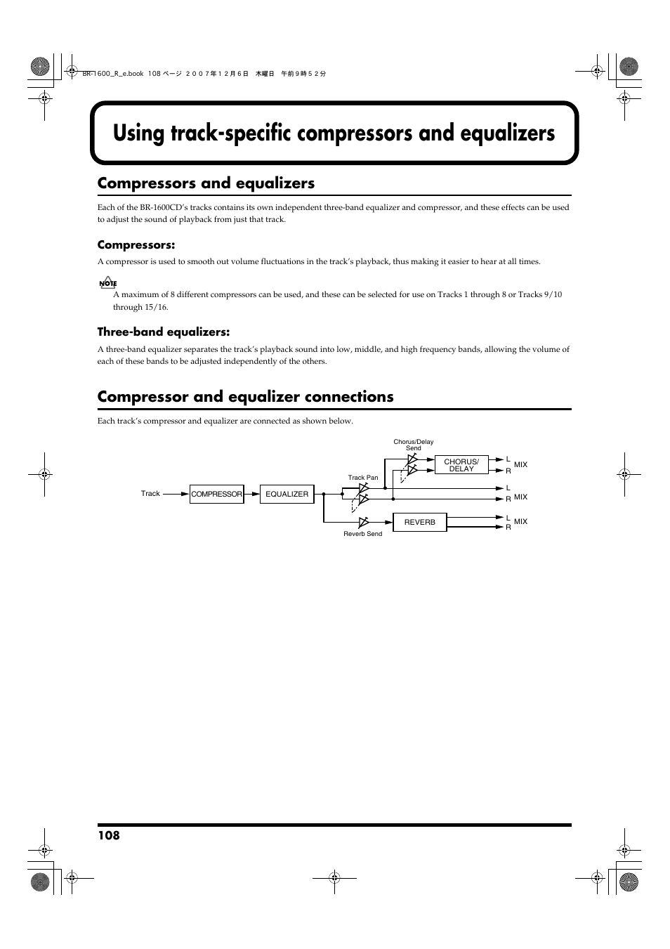 Using track-specific compressors and equalizers, Compressors and equalizers, Compressor and equalizer connections | Boss Audio Systems DIGITAL RECORDING STUDIO BR-1600CD User Manual | Page 108 / 312