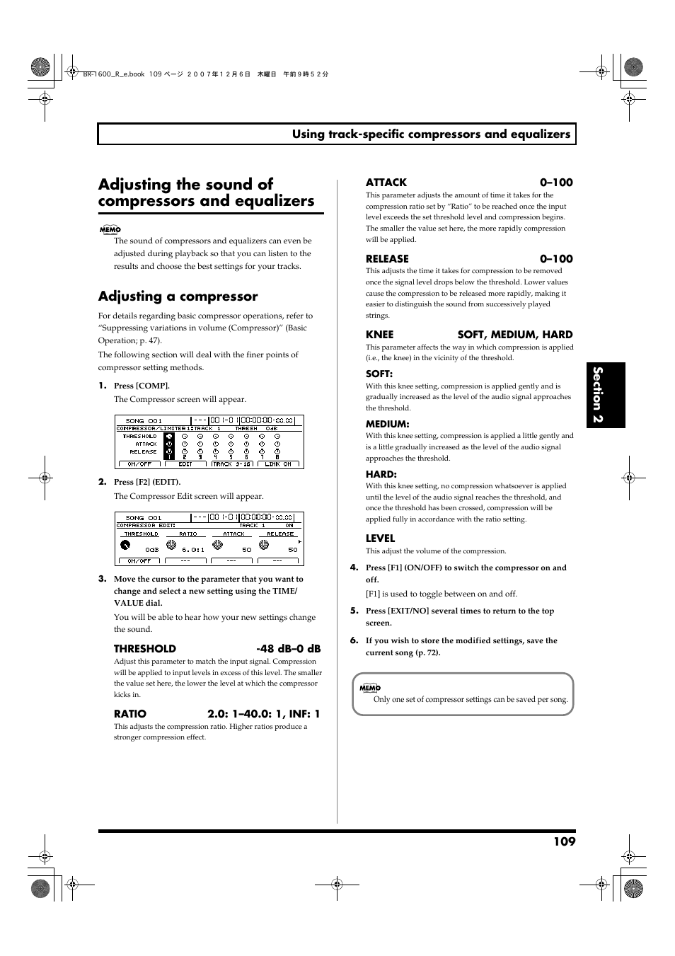 Adjusting the sound of compressors and equalizers, Adjusting a compressor, P. 109) | Boss Audio Systems DIGITAL RECORDING STUDIO BR-1600CD User Manual | Page 109 / 312