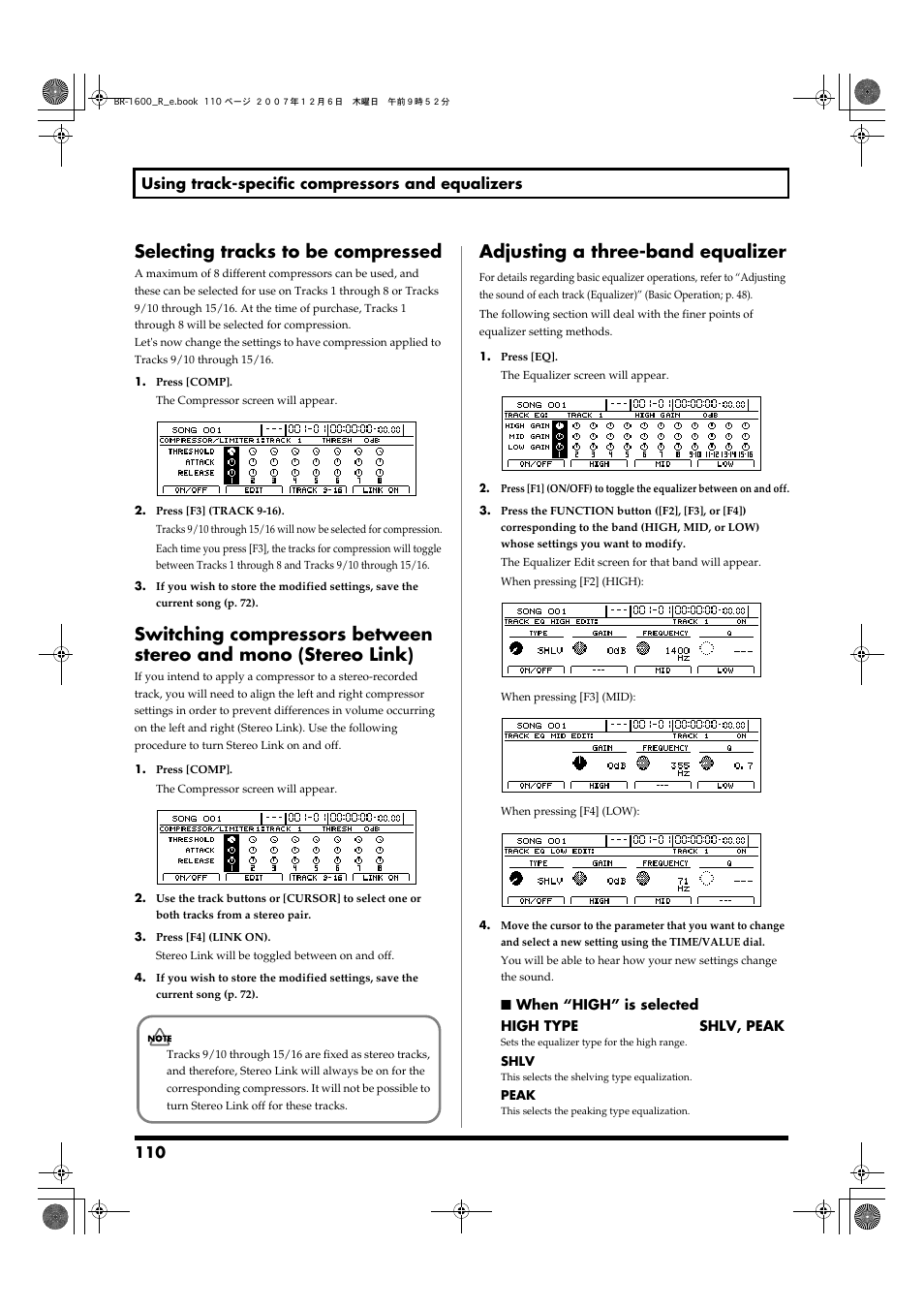 Selecting tracks to be compressed, Adjusting a three-band equalizer, Track can be adjusted (p. 110) | Boss Audio Systems DIGITAL RECORDING STUDIO BR-1600CD User Manual | Page 110 / 312