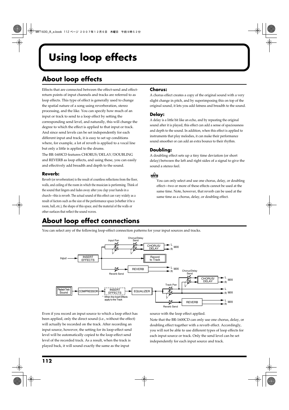 Using loop effects, About loop effects, About loop effect connections | Boss Audio Systems DIGITAL RECORDING STUDIO BR-1600CD User Manual | Page 112 / 312