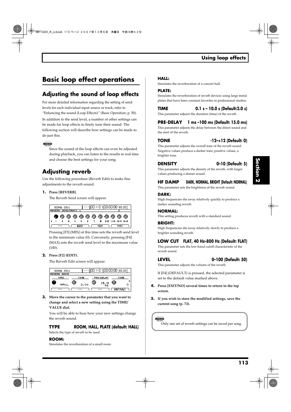 Basic loop effect operations, Adjusting the sound of loop effects, Adjusting reverb | Reverb parameters to be set (p. 113) | Boss Audio Systems DIGITAL RECORDING STUDIO BR-1600CD User Manual | Page 113 / 312