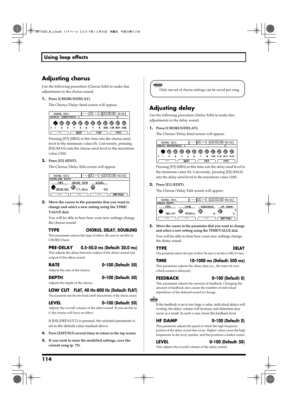 Adjusting chorus, Adjusting delay, Adjusting chorus adjusting delay | Parameters for these effects (p. 114), 114 using loop effects | Boss Audio Systems DIGITAL RECORDING STUDIO BR-1600CD User Manual | Page 114 / 312