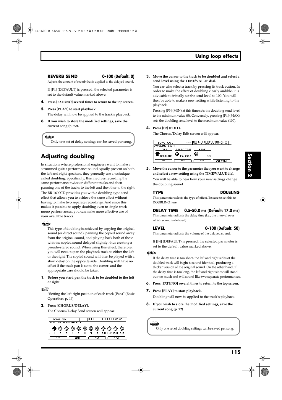 Adjusting doubling, 115 using loop effects | Boss Audio Systems DIGITAL RECORDING STUDIO BR-1600CD User Manual | Page 115 / 312