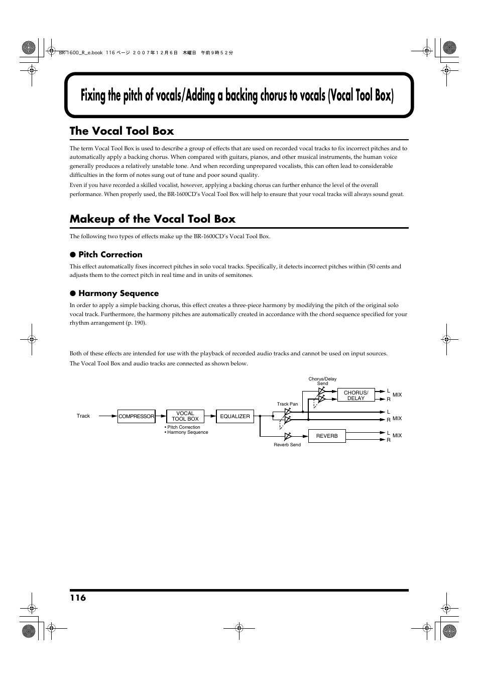 The vocal tool box, Makeup of the vocal tool box, Vocal tool box (p. 116) | Boss Audio Systems DIGITAL RECORDING STUDIO BR-1600CD User Manual | Page 116 / 312