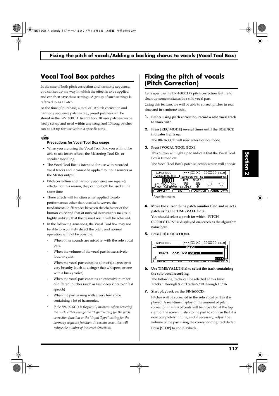 Vocal tool box patches, Fixing the pitch of vocals (pitch correction) | Boss Audio Systems DIGITAL RECORDING STUDIO BR-1600CD User Manual | Page 117 / 312