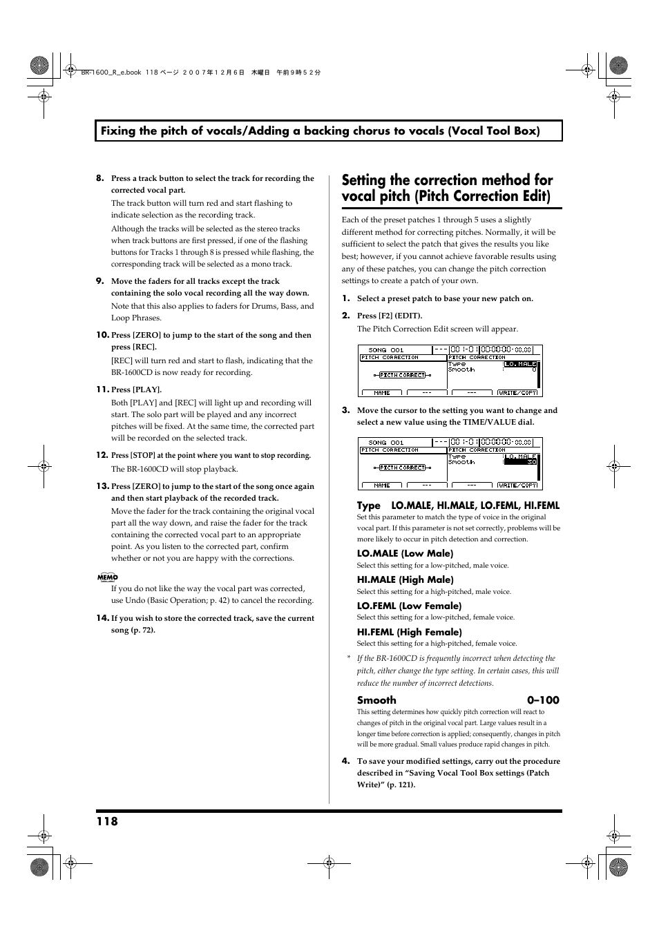 Setting the correction method for, Vocal pitch (pitch correction edit) | Boss Audio Systems DIGITAL RECORDING STUDIO BR-1600CD User Manual | Page 118 / 312