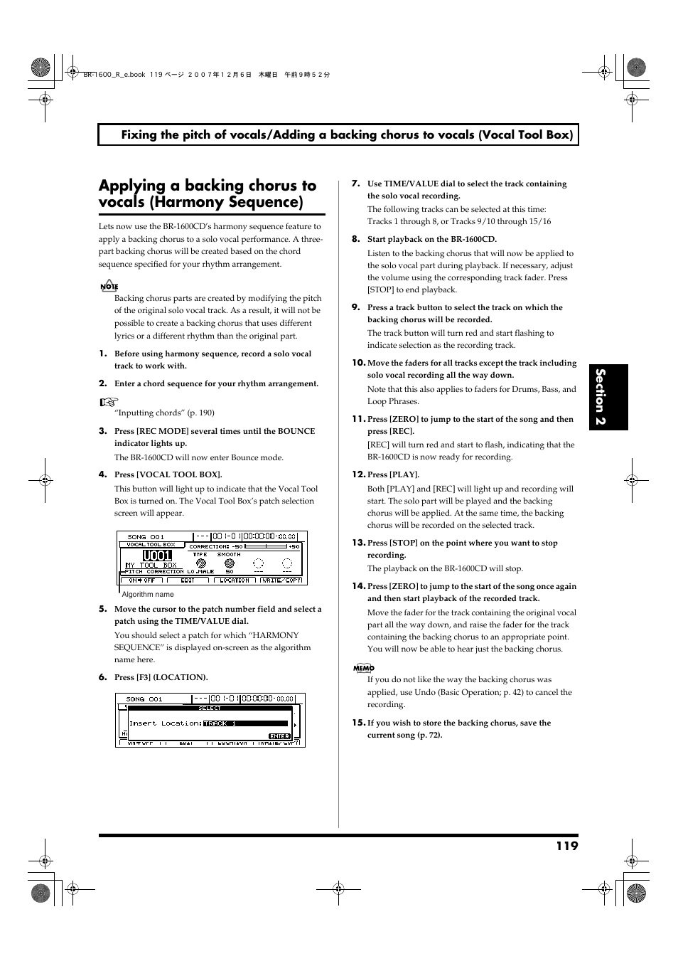 Applying a backing chorus to, Vocals (harmony sequence) | Boss Audio Systems DIGITAL RECORDING STUDIO BR-1600CD User Manual | Page 119 / 312