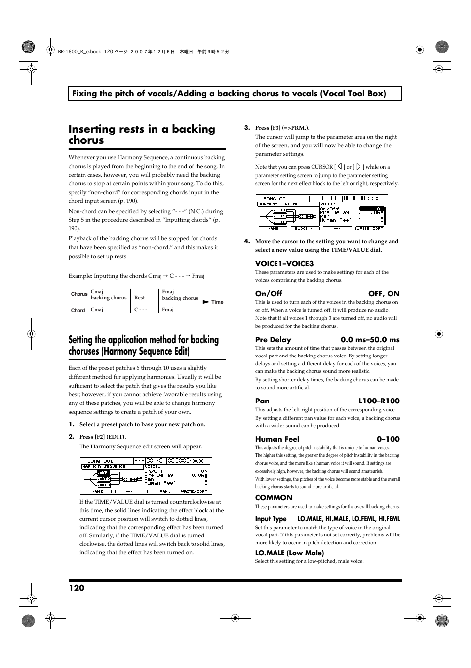 Inserting rests in a backing chorus, Setting the application method for backing, Choruses (harmony sequence edit) | Boss Audio Systems DIGITAL RECORDING STUDIO BR-1600CD User Manual | Page 120 / 312