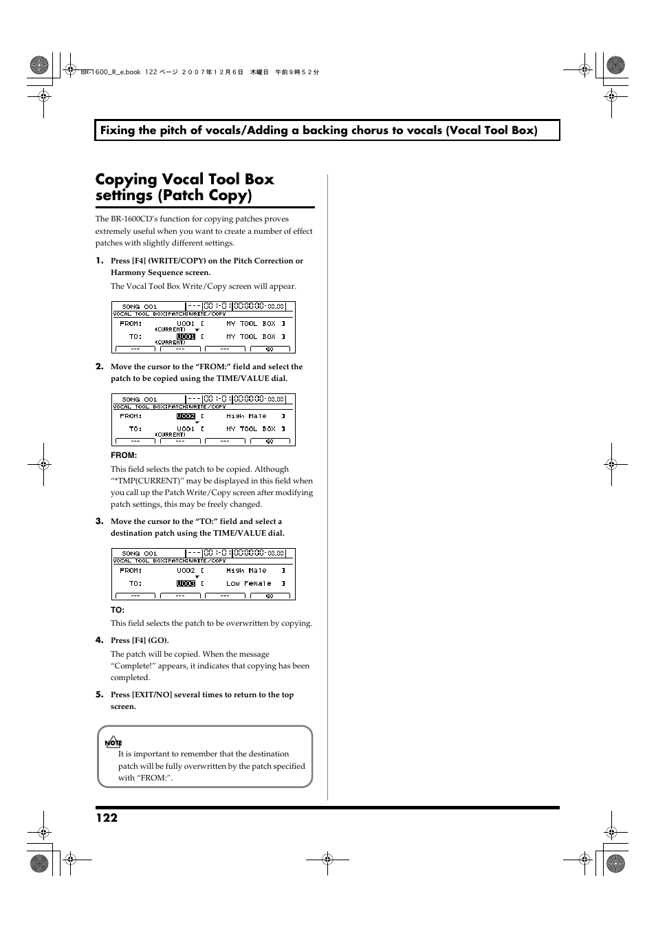 Copying vocal tool box settings (patch copy) | Boss Audio Systems DIGITAL RECORDING STUDIO BR-1600CD User Manual | Page 122 / 312