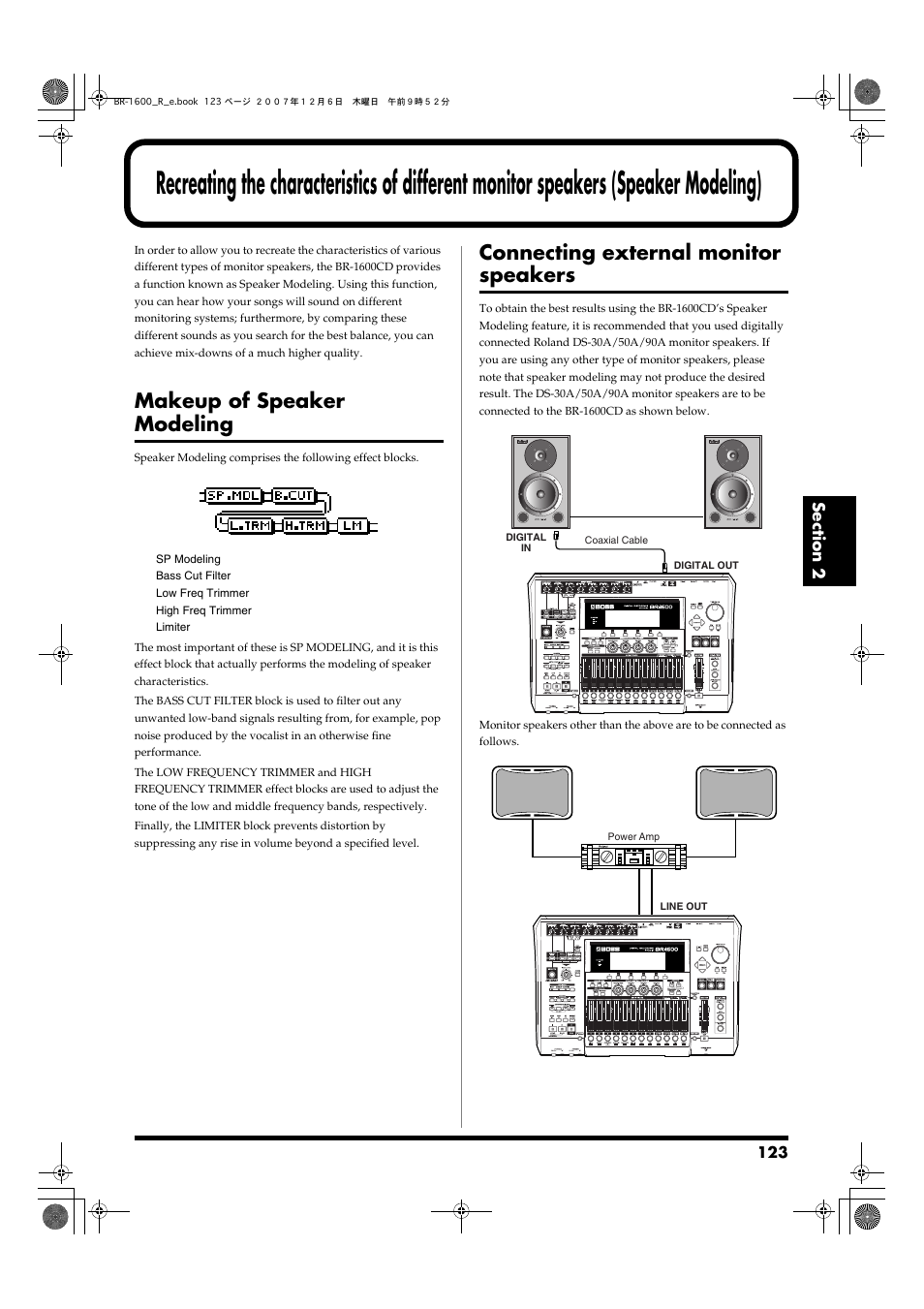 Makeup of speaker modeling, Connecting external monitor speakers | Boss Audio Systems DIGITAL RECORDING STUDIO BR-1600CD User Manual | Page 123 / 312