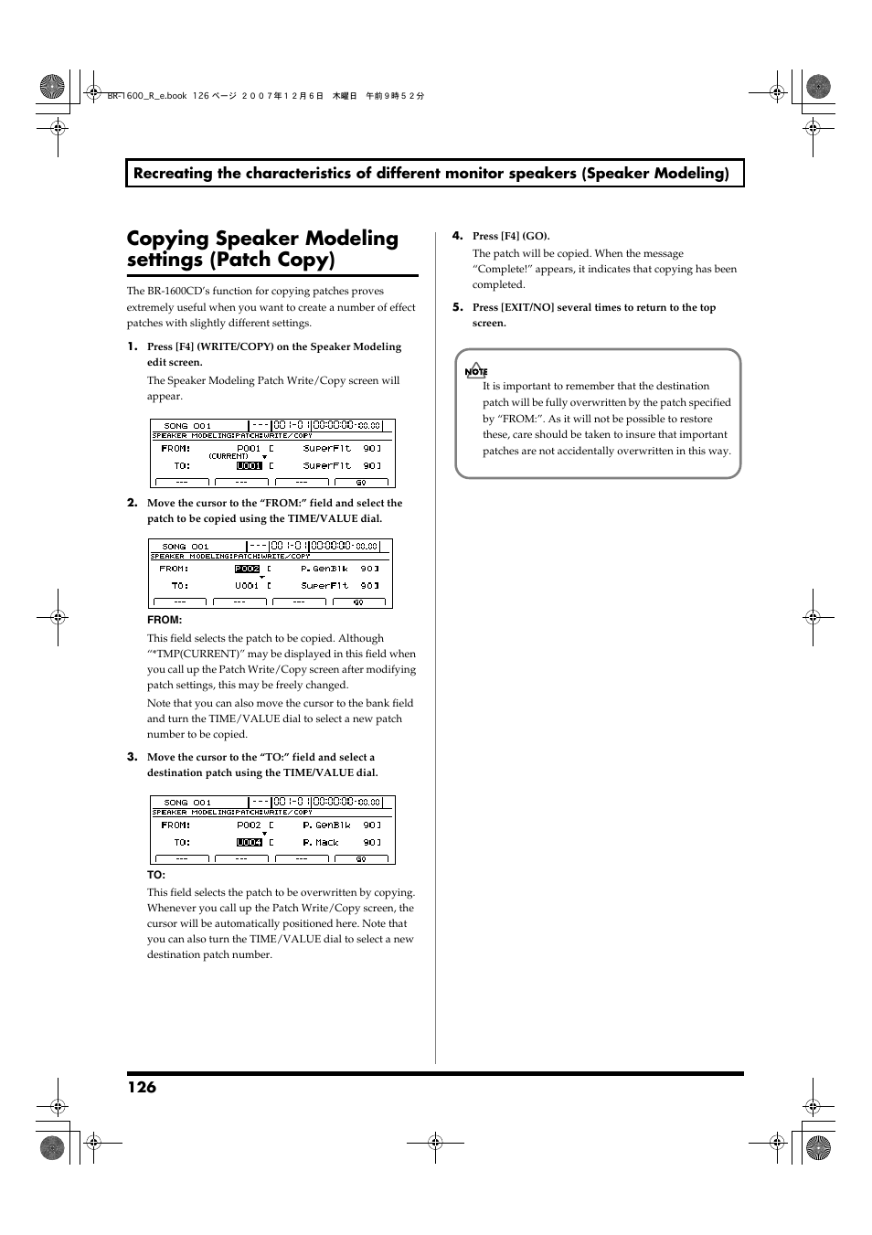 Copying speaker modeling settings (patch copy) | Boss Audio Systems DIGITAL RECORDING STUDIO BR-1600CD User Manual | Page 126 / 312