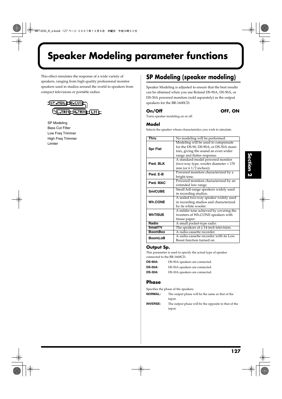 Speaker modeling parameter functions, Sp modeling (speaker modeling), Speaker modeling (p. 127) | Boss Audio Systems DIGITAL RECORDING STUDIO BR-1600CD User Manual | Page 127 / 312