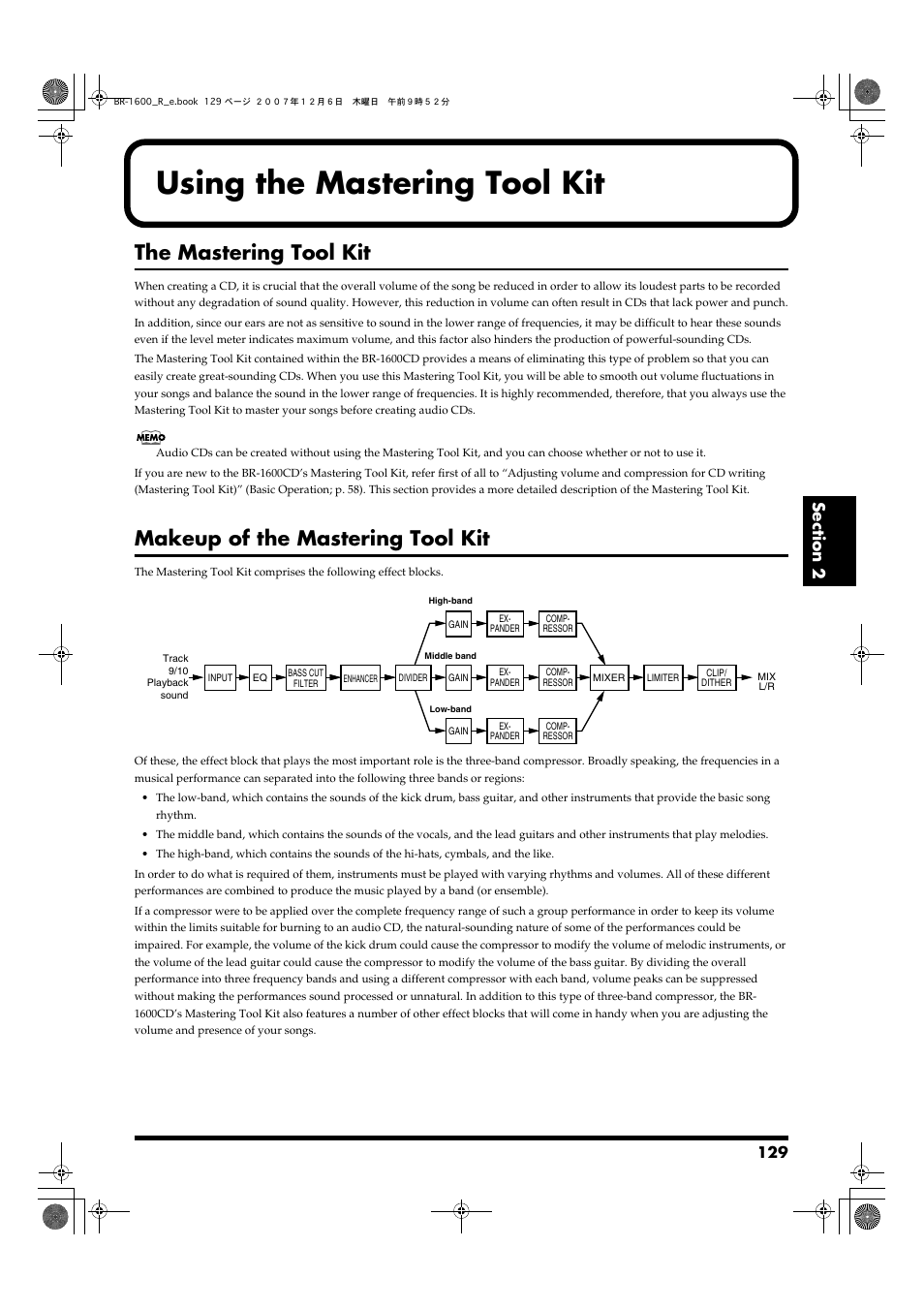 Using the mastering tool kit, The mastering tool kit, Makeup of the mastering tool kit | Using the mastering tool kit” (p. 129), Mastering tool kit (p. 129) | Boss Audio Systems DIGITAL RECORDING STUDIO BR-1600CD User Manual | Page 129 / 312