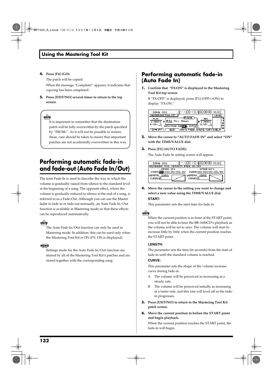 Performing automatic fade-in (auto fade in), Performing automatic fade-in, And fade-out (auto fade in/out) | 132 using the mastering tool kit | Boss Audio Systems DIGITAL RECORDING STUDIO BR-1600CD User Manual | Page 132 / 312