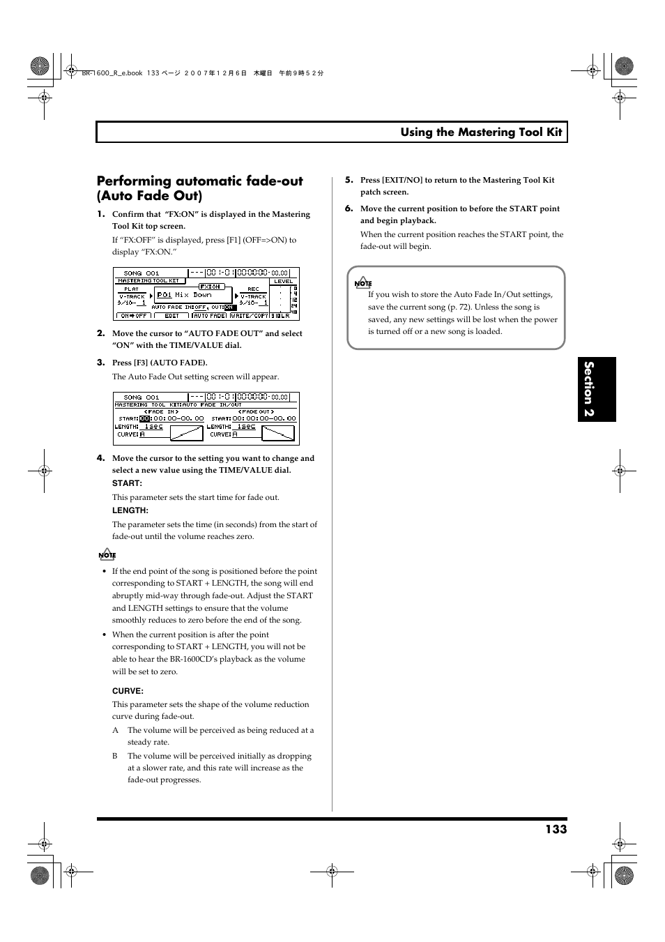 Performing automatic fade-out (auto fade out), 133 using the mastering tool kit | Boss Audio Systems DIGITAL RECORDING STUDIO BR-1600CD User Manual | Page 133 / 312