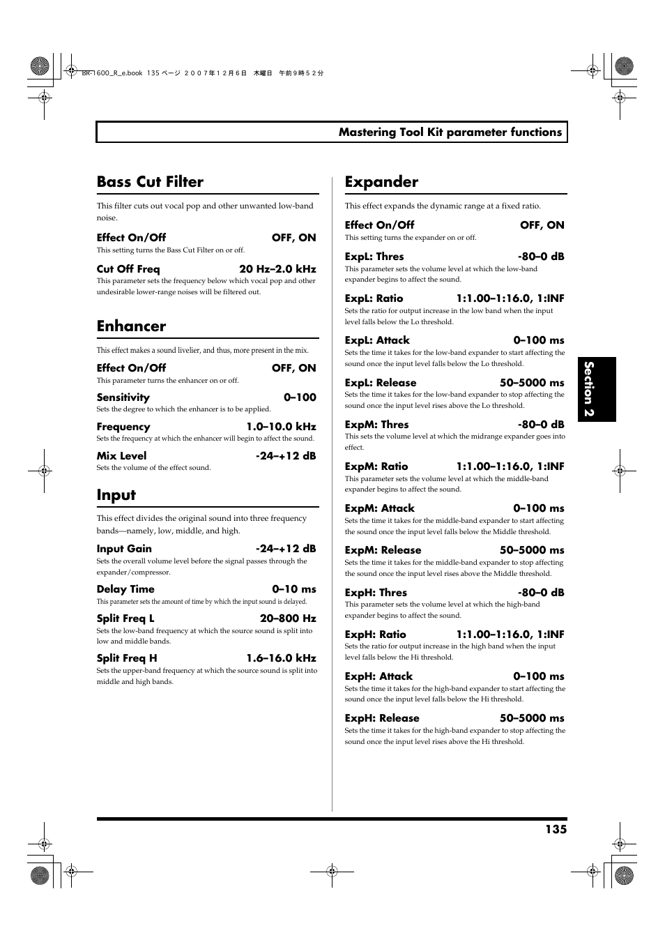 Bass cut filter, Enhancer, Input | Expander | Boss Audio Systems DIGITAL RECORDING STUDIO BR-1600CD User Manual | Page 135 / 312