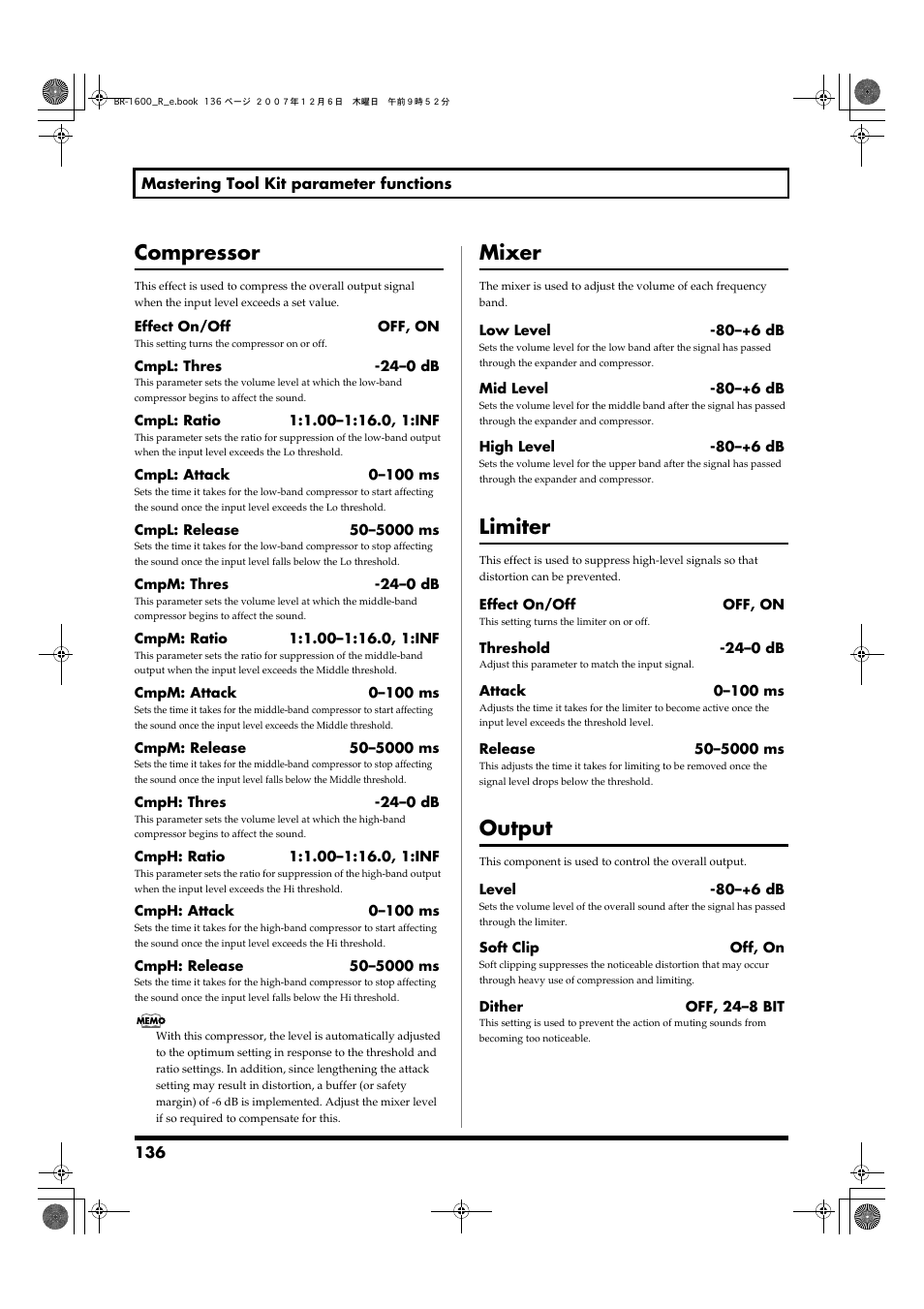 Compressor, Mixer, Limiter | Output | Boss Audio Systems DIGITAL RECORDING STUDIO BR-1600CD User Manual | Page 136 / 312