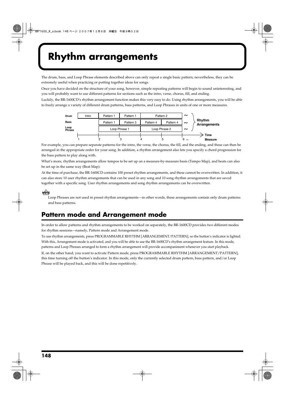 Rhythm arrangements, Pattern mode and arrangement mode, Information regarding these modes, refer to p. 148 | Arrangement, p. 148) | Boss Audio Systems DIGITAL RECORDING STUDIO BR-1600CD User Manual | Page 148 / 312