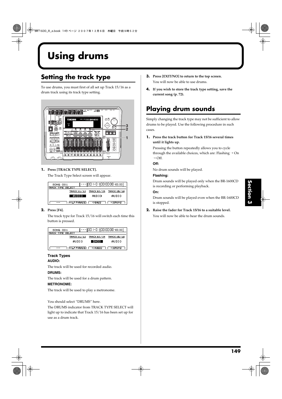 Using drums, Setting the track type, Playing drum sounds | Boss Audio Systems DIGITAL RECORDING STUDIO BR-1600CD User Manual | Page 149 / 312