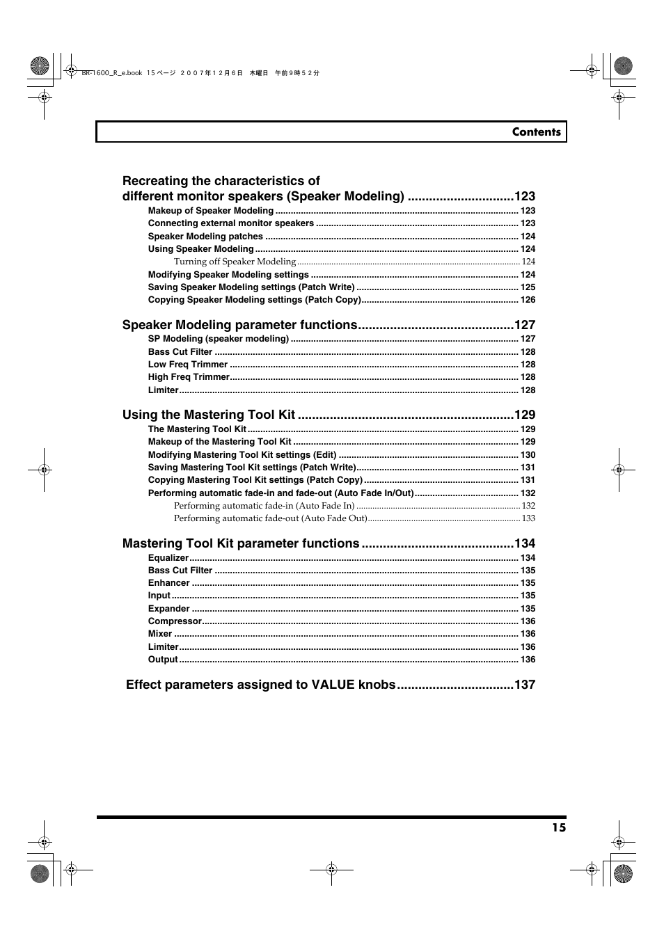 Speaker modeling parameter functions, Using the mastering tool kit, Mastering tool kit parameter functions | Effect parameters assigned to value knobs | Boss Audio Systems DIGITAL RECORDING STUDIO BR-1600CD User Manual | Page 15 / 312