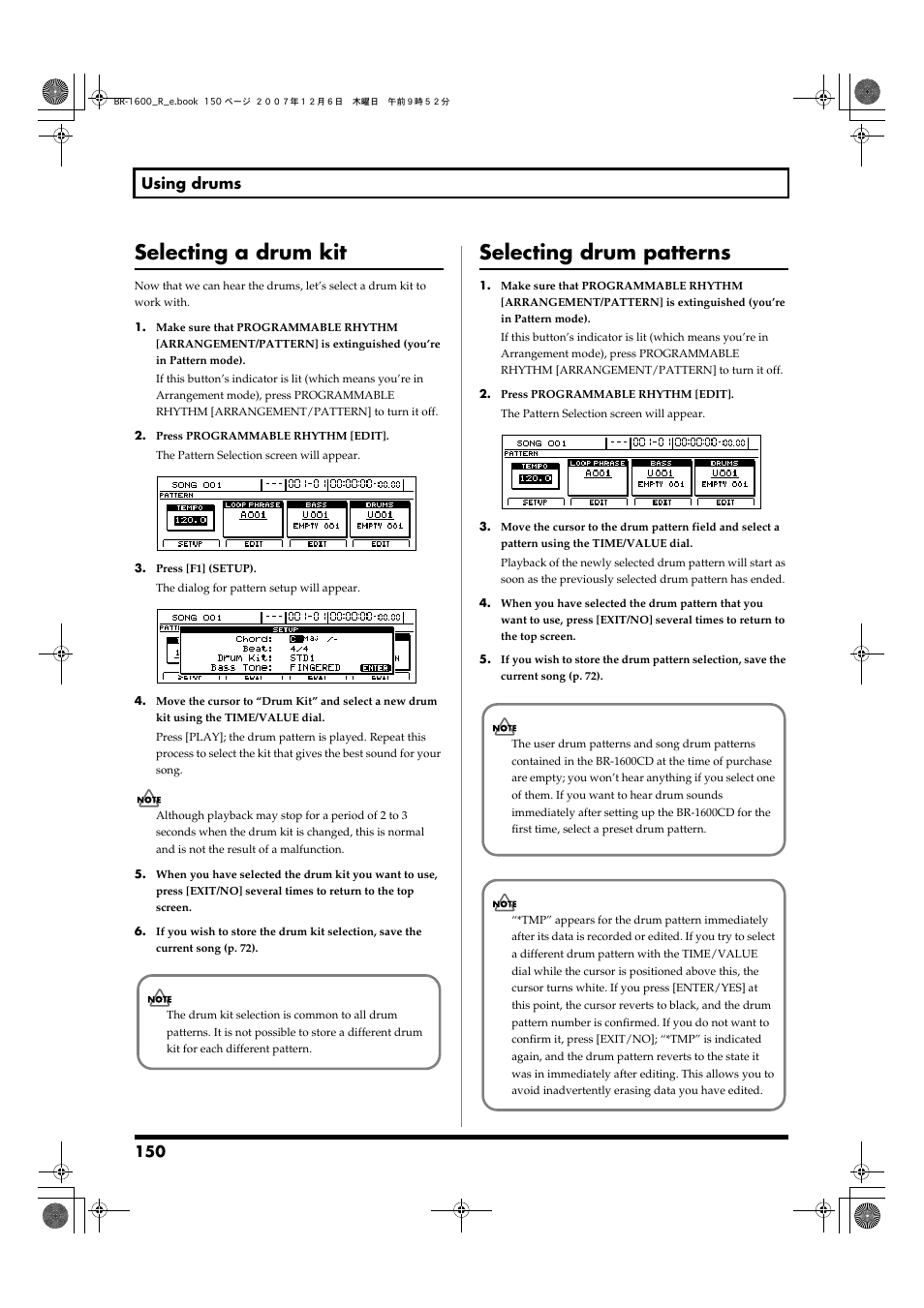 Selecting a drum kit, Selecting drum patterns, 150 using drums | Boss Audio Systems DIGITAL RECORDING STUDIO BR-1600CD User Manual | Page 150 / 312