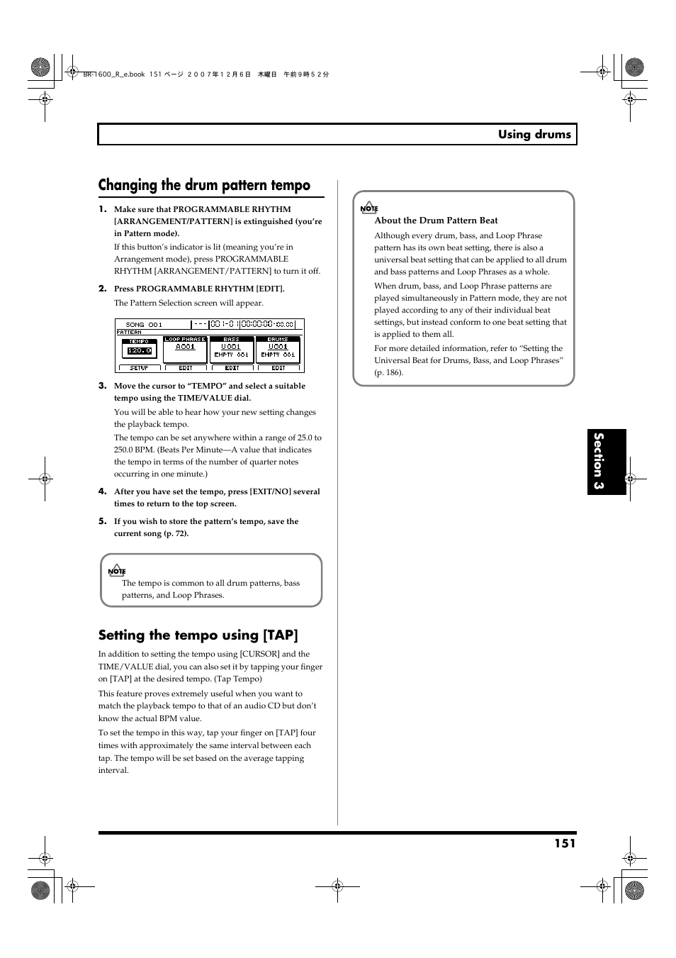 Changing the drum pattern tempo, Setting the tempo using [tap, Tempo for the drum, bass and loop phrases (p. 151) | Boss Audio Systems DIGITAL RECORDING STUDIO BR-1600CD User Manual | Page 151 / 312