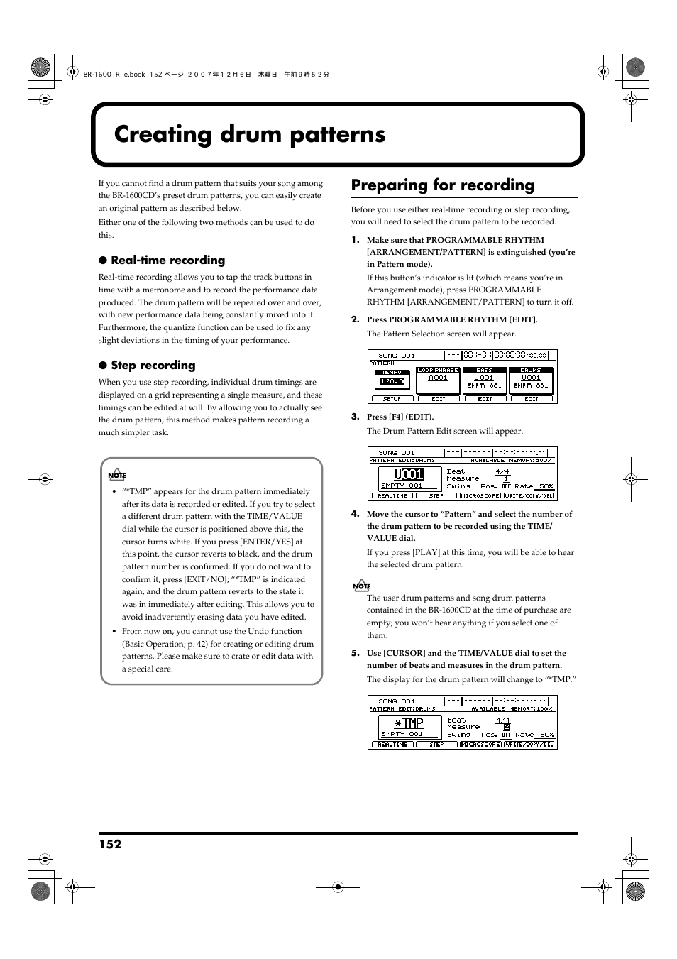 Creating drum patterns, Preparing for recording | Boss Audio Systems DIGITAL RECORDING STUDIO BR-1600CD User Manual | Page 152 / 312