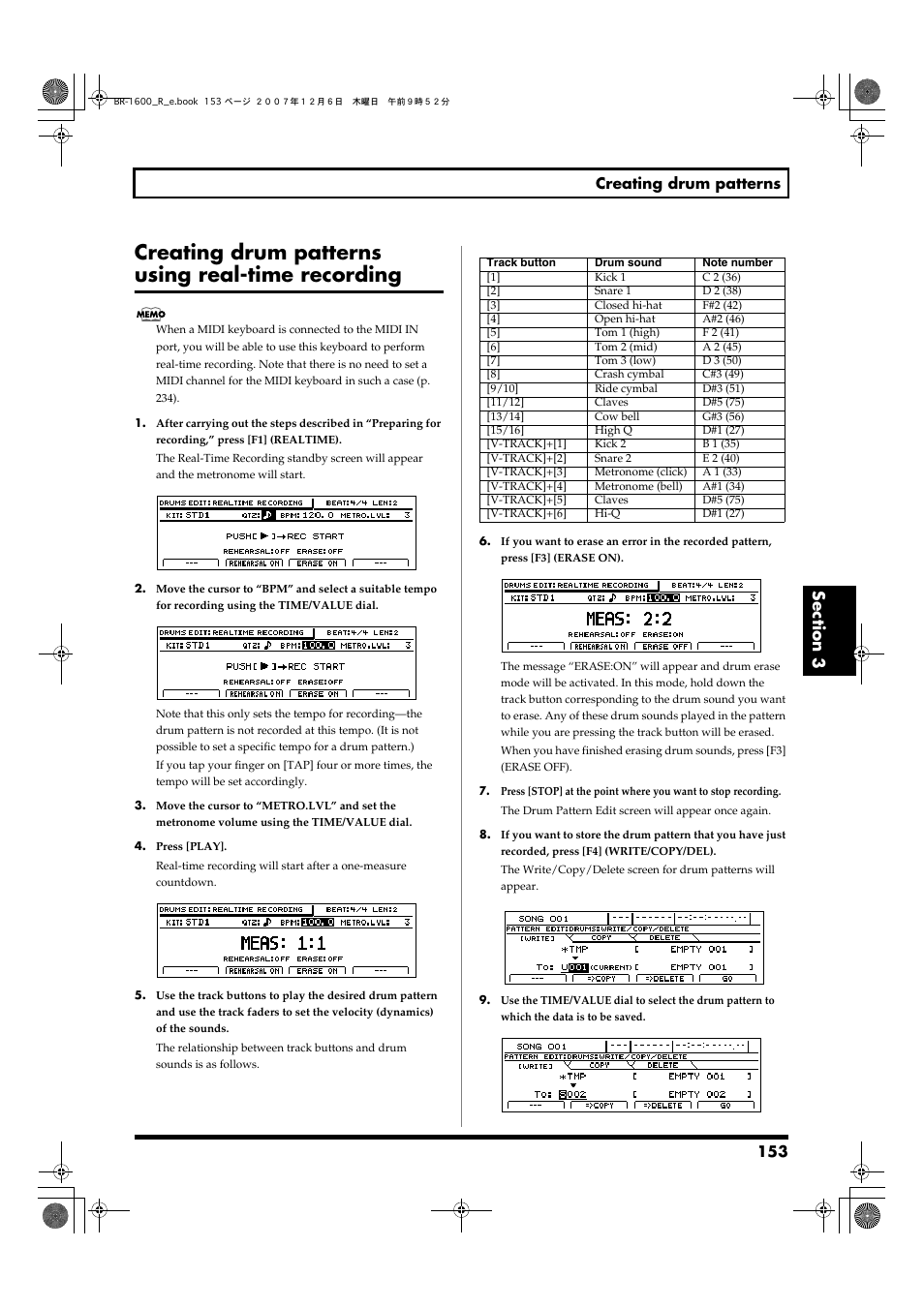 Creating drum patterns using real-time recording, 153 creating drum patterns | Boss Audio Systems DIGITAL RECORDING STUDIO BR-1600CD User Manual | Page 153 / 312