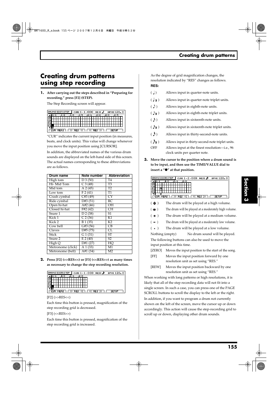 Creating drum patterns using step recording, 155 creating drum patterns | Boss Audio Systems DIGITAL RECORDING STUDIO BR-1600CD User Manual | Page 155 / 312