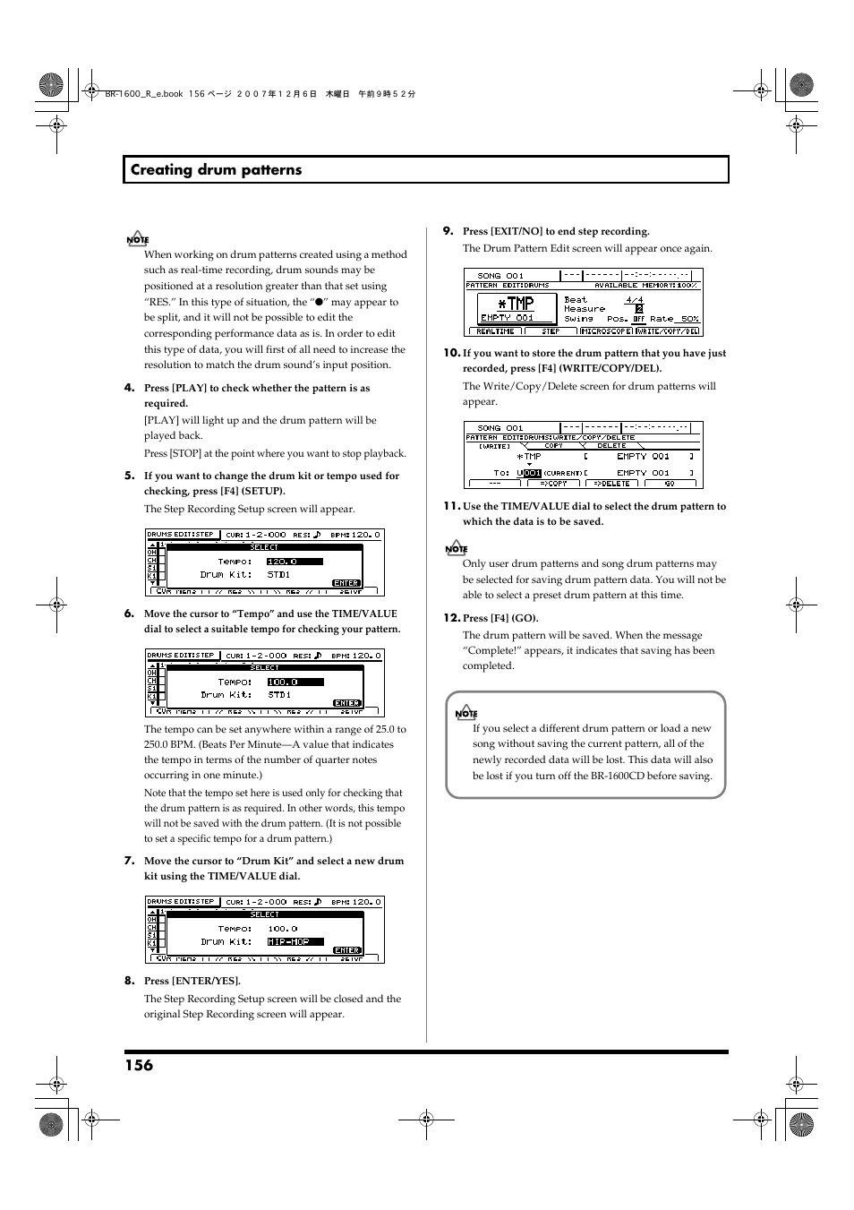 156 creating drum patterns | Boss Audio Systems DIGITAL RECORDING STUDIO BR-1600CD User Manual | Page 156 / 312