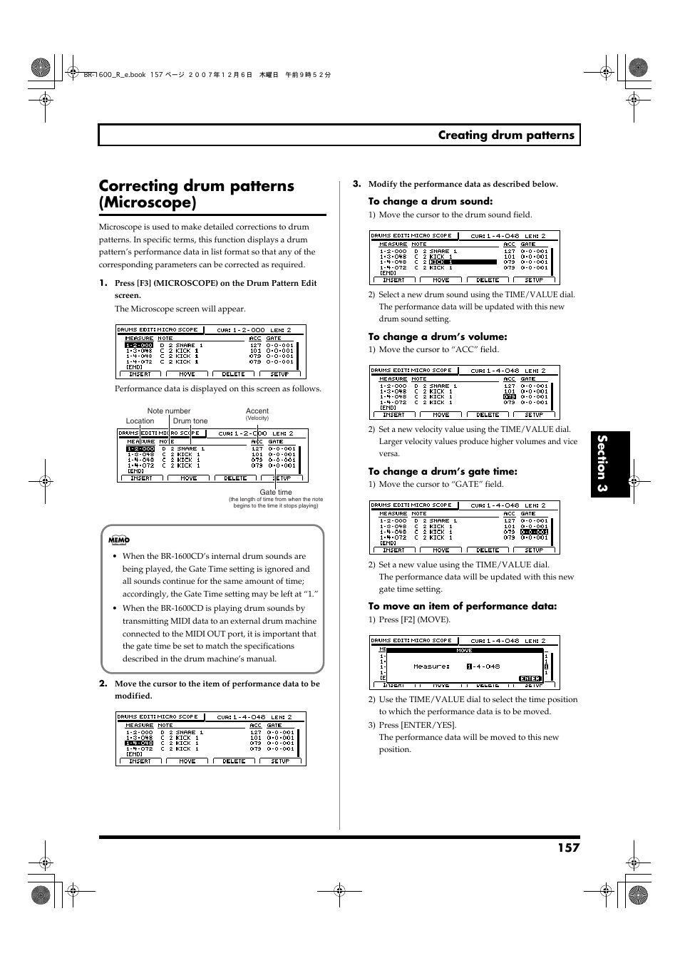 Correcting drum patterns (microscope), 157 creating drum patterns | Boss Audio Systems DIGITAL RECORDING STUDIO BR-1600CD User Manual | Page 157 / 312