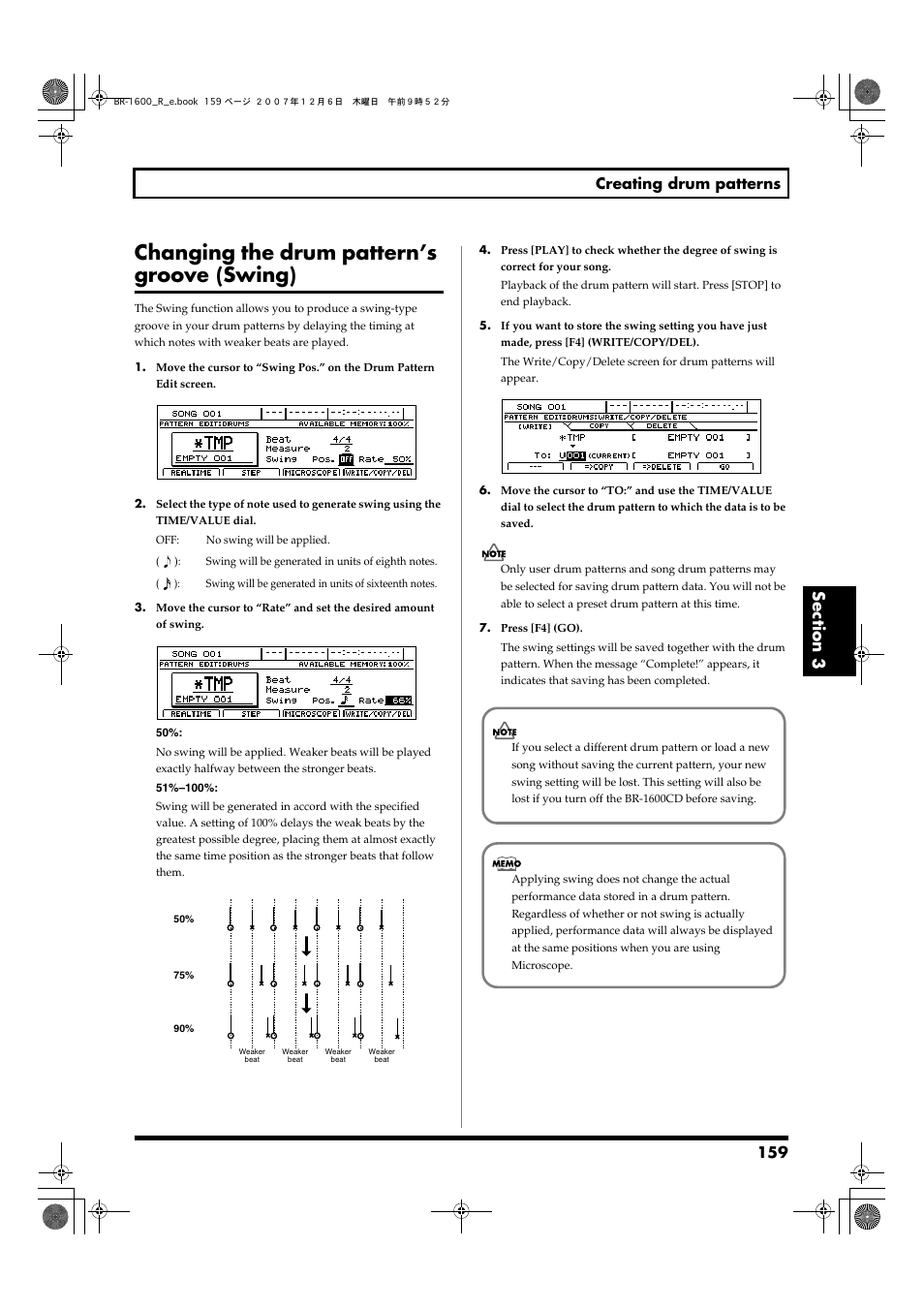 Changing the drum pattern’s groove (swing), 159 creating drum patterns | Boss Audio Systems DIGITAL RECORDING STUDIO BR-1600CD User Manual | Page 159 / 312