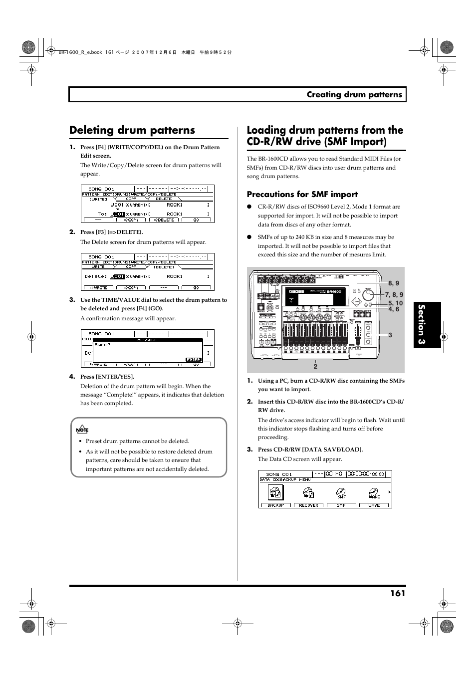 Deleting drum patterns, Loading drum patterns from the, Cd-r/rw drive (smf import) | 161 creating drum patterns, Precautions for smf import | Boss Audio Systems DIGITAL RECORDING STUDIO BR-1600CD User Manual | Page 161 / 312