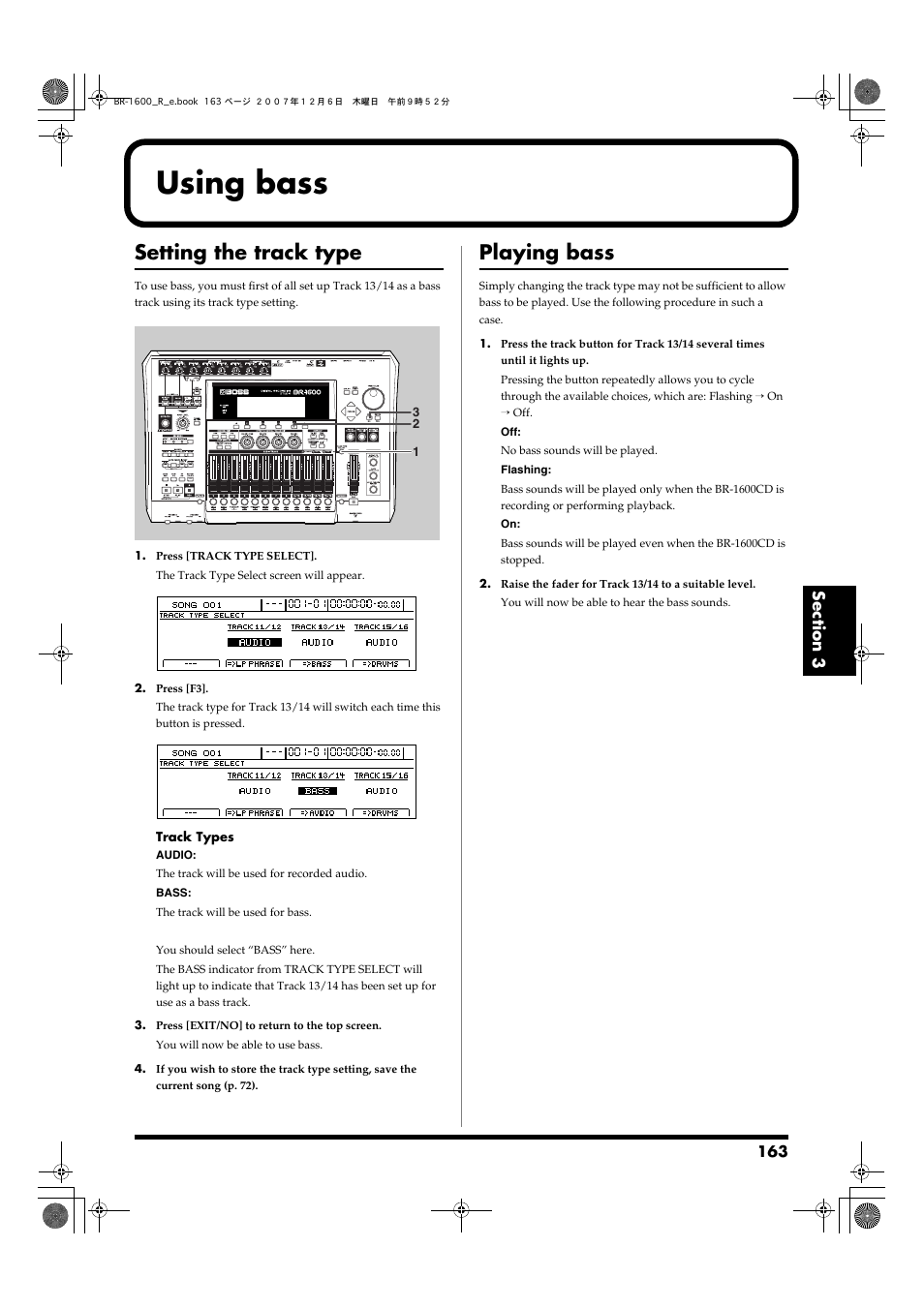 Using bass, Setting the track type, Playing bass | Boss Audio Systems DIGITAL RECORDING STUDIO BR-1600CD User Manual | Page 163 / 312