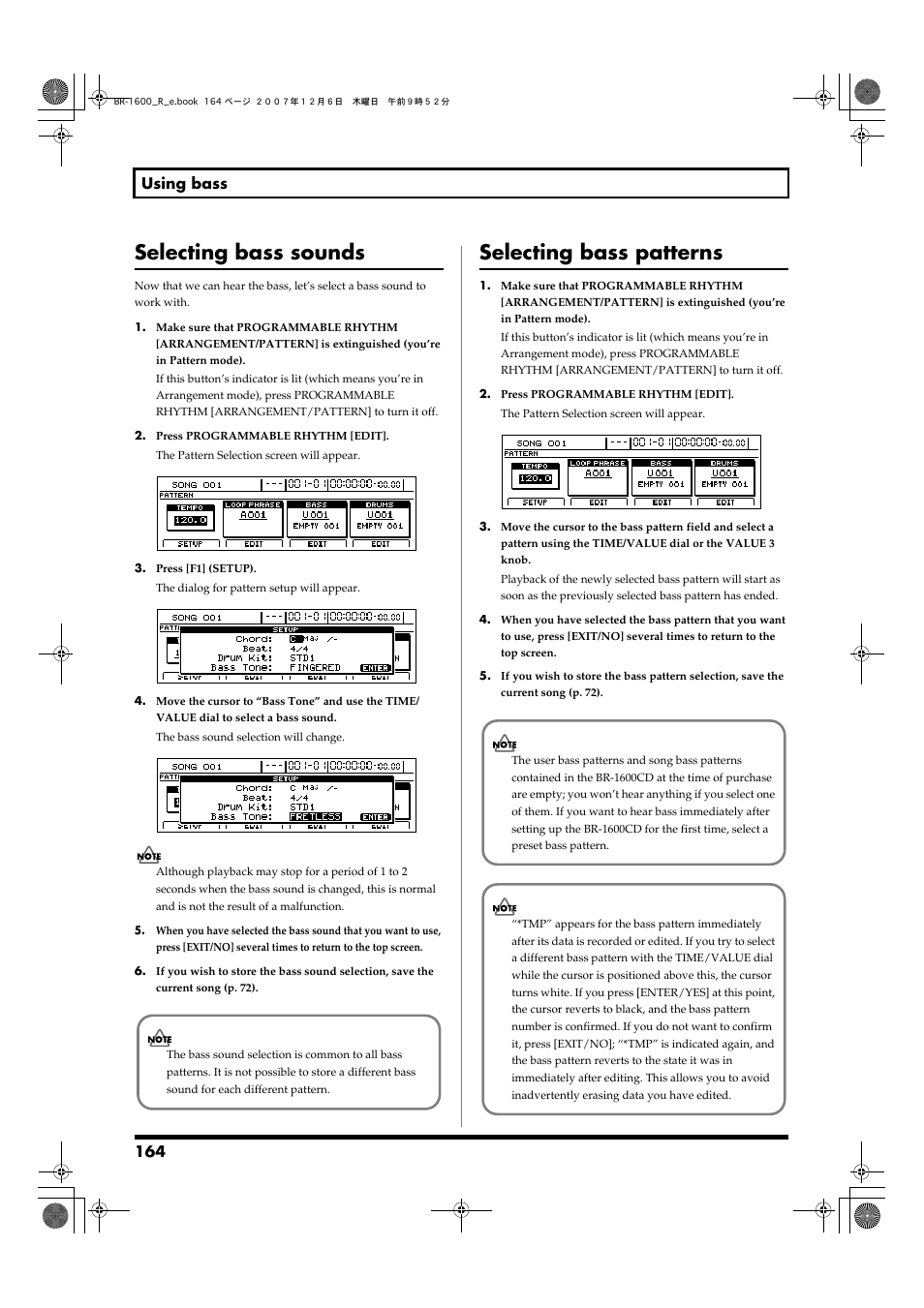 Selecting bass sounds, Selecting bass patterns, 164 using bass | Boss Audio Systems DIGITAL RECORDING STUDIO BR-1600CD User Manual | Page 164 / 312