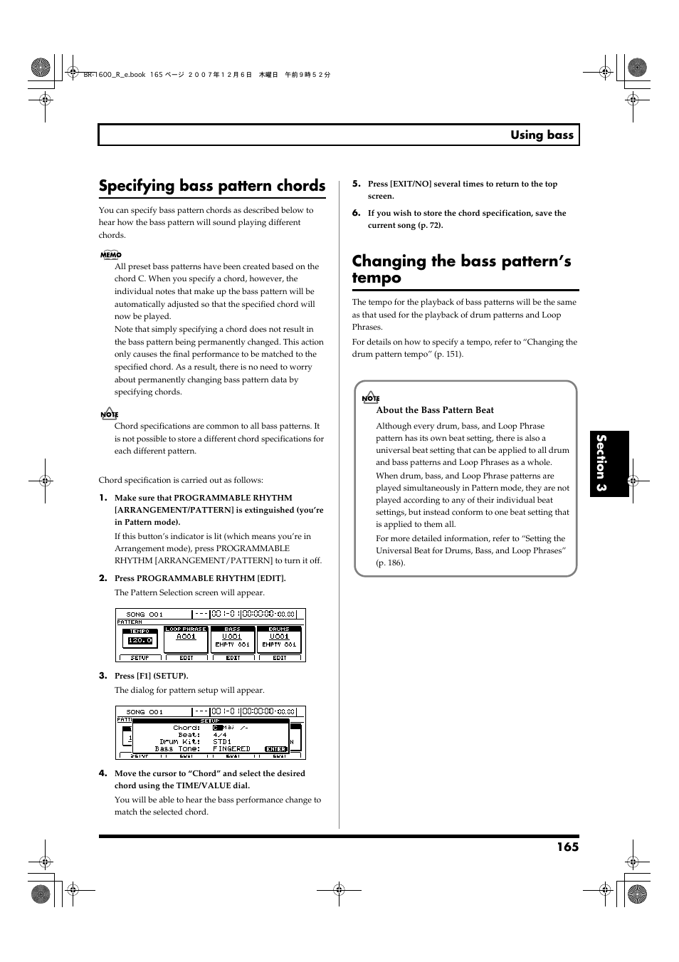 Specifying bass pattern chords, Changing the bass pattern’s tempo | Boss Audio Systems DIGITAL RECORDING STUDIO BR-1600CD User Manual | Page 165 / 312